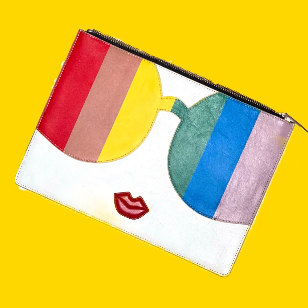 White leather Alice + Olivia Rainbow zip pouch